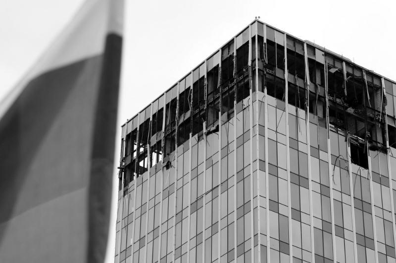 A building damaged by a drone attack in Moscow, 24 July 2023. 