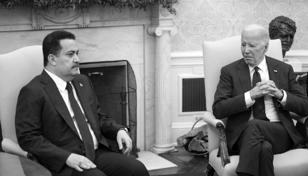 Iraqi Prime Minister Mohammed Shia al-Sudani with US President Joe Biden at the White House on 15 April.