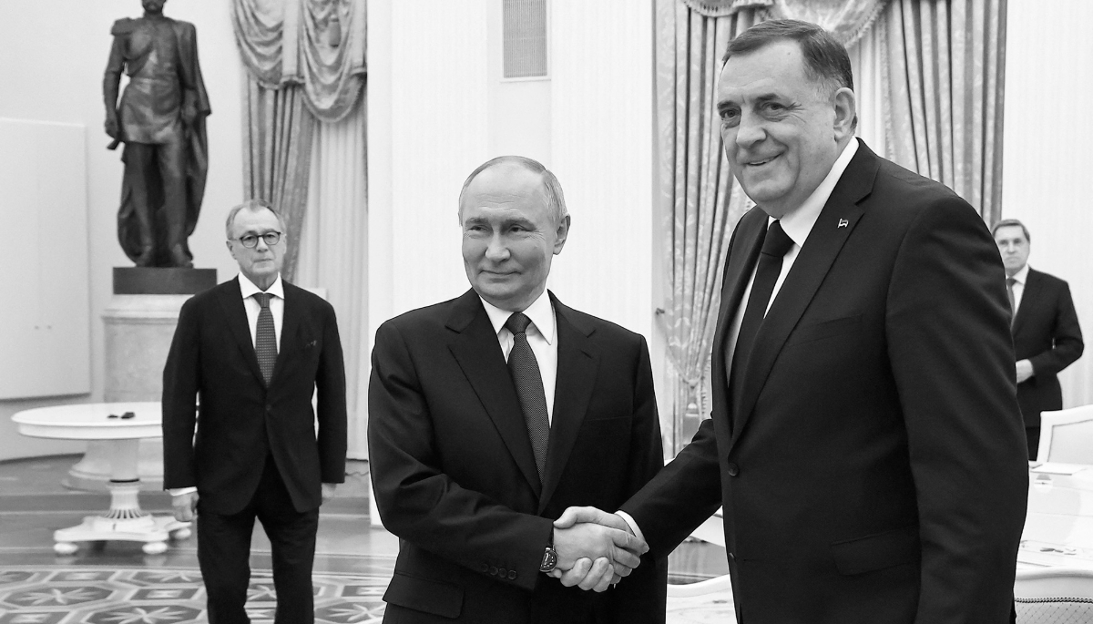 Russian President Vladimir Putin and Bosnian Serb Republic leader Milorad Dodik in Russia on 1 April 2025.