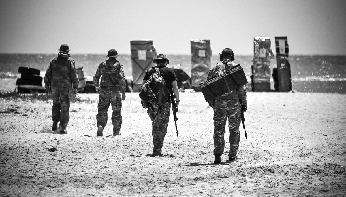 Volunteers from the Española special unit, a detachment of Russian hooligans, train near Mariupol on 22 June 2023. 