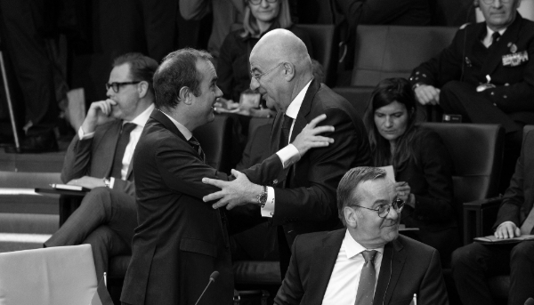 French Defence Minister Sébastien Lecornu greets his Greek counterpart Nikos Dendias at the NATO headquarters on June 05, 2025 in Brussels.