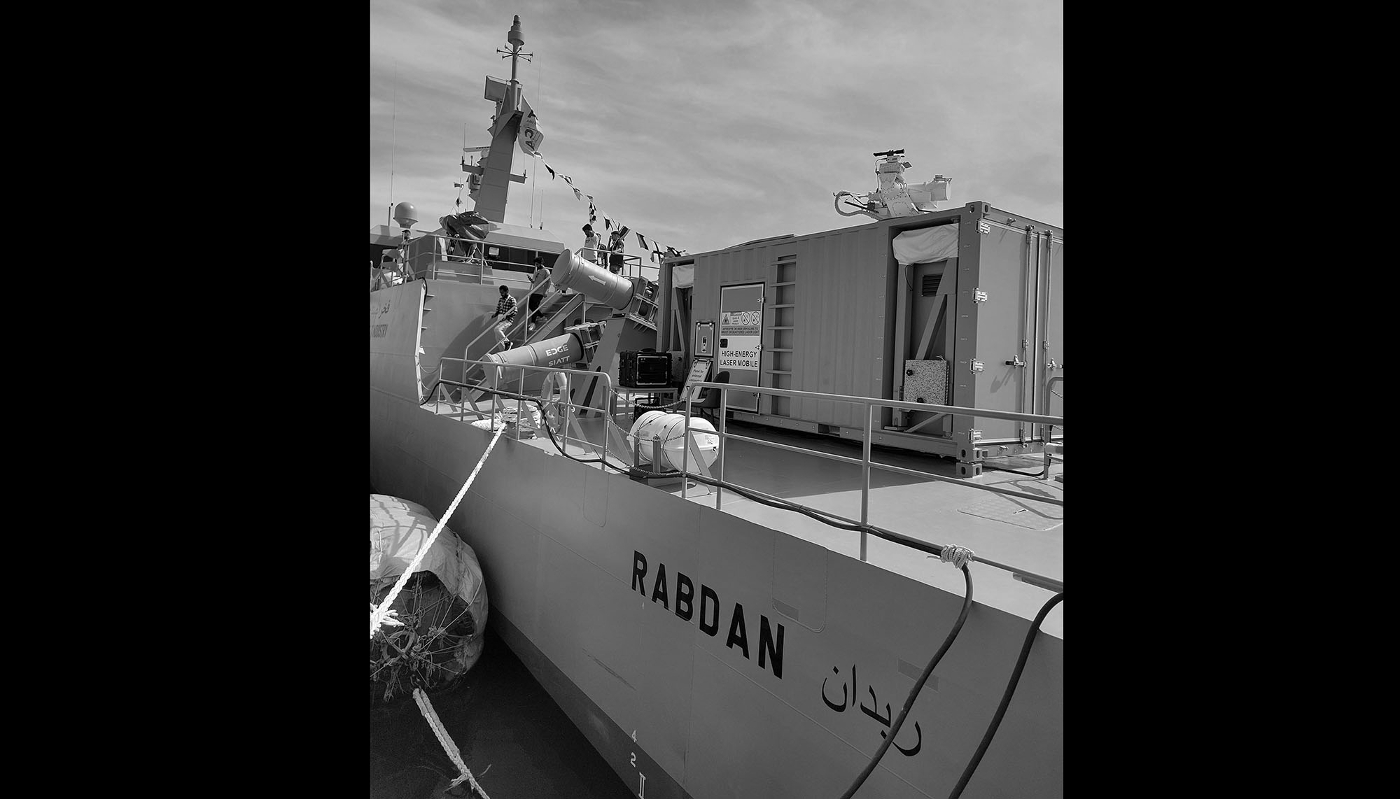 Abu Dhabi Ship Building's Rabdan FA-400 patrol vessel on display at Navdex, the naval section of the IDEX defence exhibition held in Abu Dhabi from 17 to 21 February 2025.