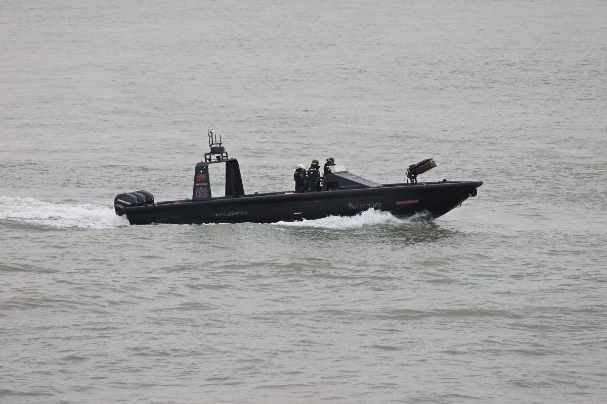 A UES P38 speedboat used by BAE to test its 'Nautomate' system which turns ordinary vessels into drones, in Portsmouth, on 15 February 2024.