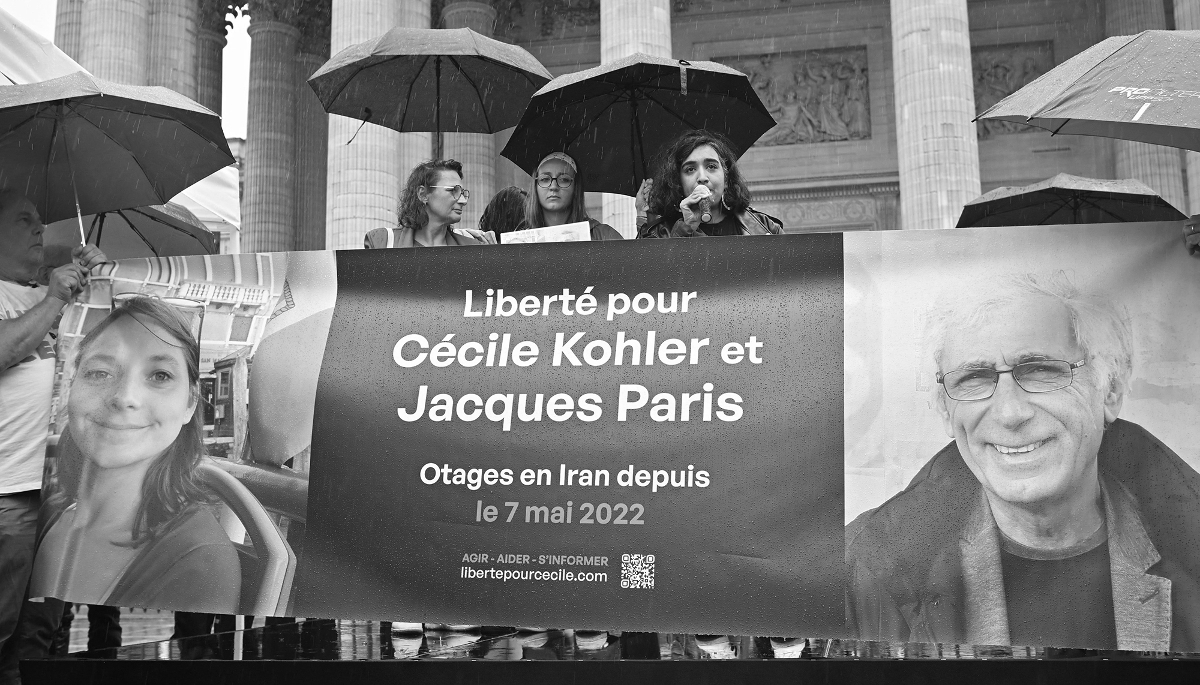 Rally in support of the French hostages in Iran, Cécile Kohler and Jacques Paris, on 6 July 2025 in Paris.