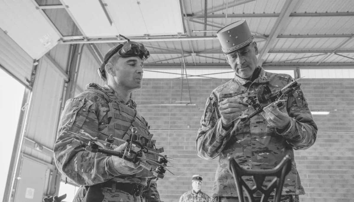 The Chief of Staff of the French Army, Pierre Schill, during a visit to drone operators at the 19th Artillery Brigade in late March 2026.