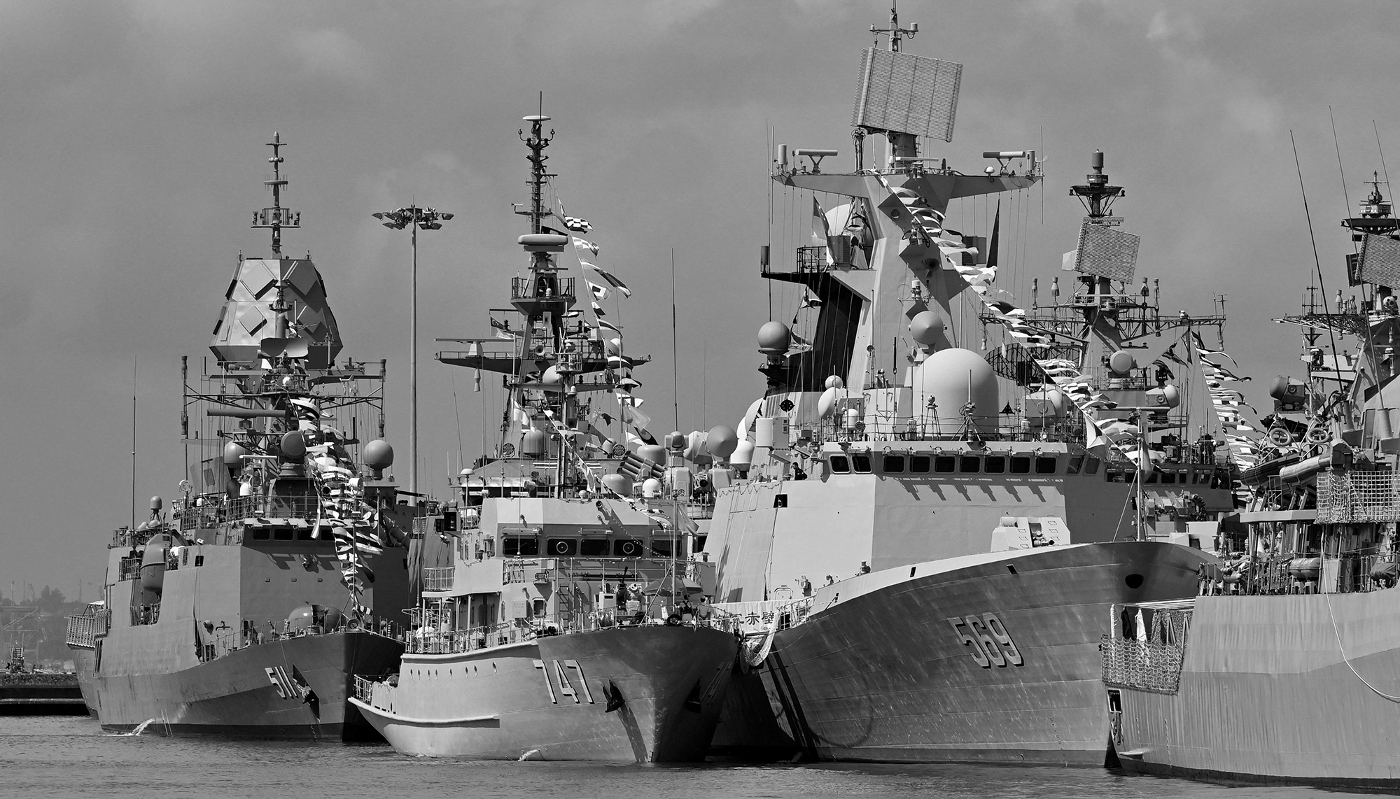 Warships from various countries on display at Changi Naval Base during the IMDEX Asia maritime defence exhibition in Singapore, 4 May 2023.