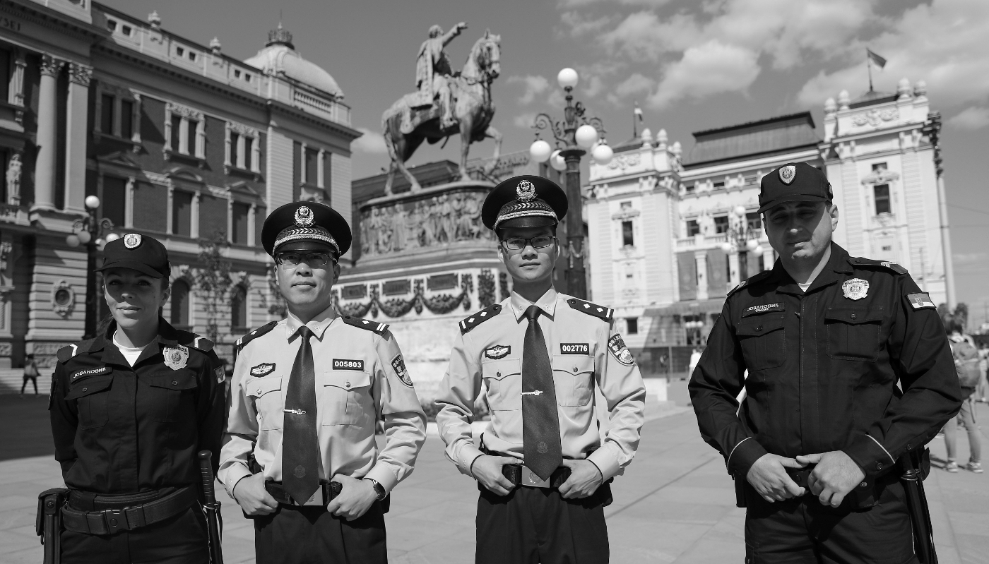 Chinese police officers on a joint patrol with their Serbian counterparts in Belgrade, Serbia.