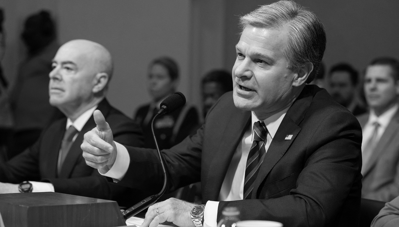 US Homeland Security Secretary Alejandro Mayorkas (L) and FBI Director Christopher Wray testifying before the House Homeland Security Committee in Washington, DC, on 15 November 2023.