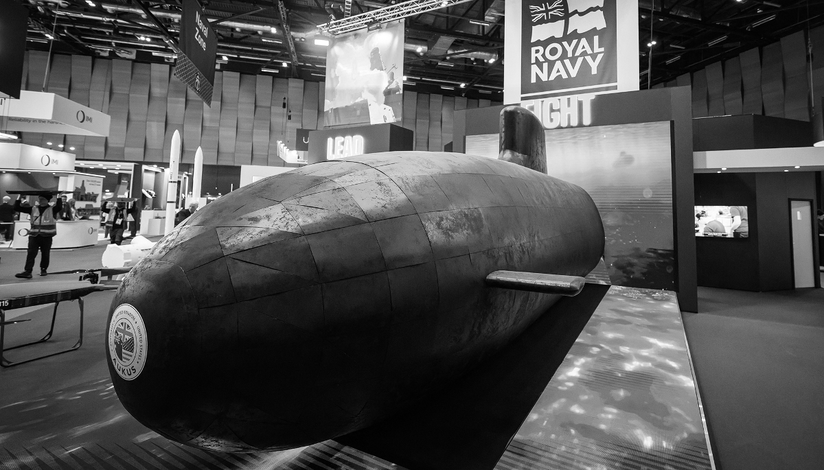 A model of an SSN-AUKUS (Submersible Ship Nuclear - AUKUS) is displayed on the Royal Navy exhibition stand of the Defence and Security Equipment International (DSEI) on 11 September 2025 in London, England. 