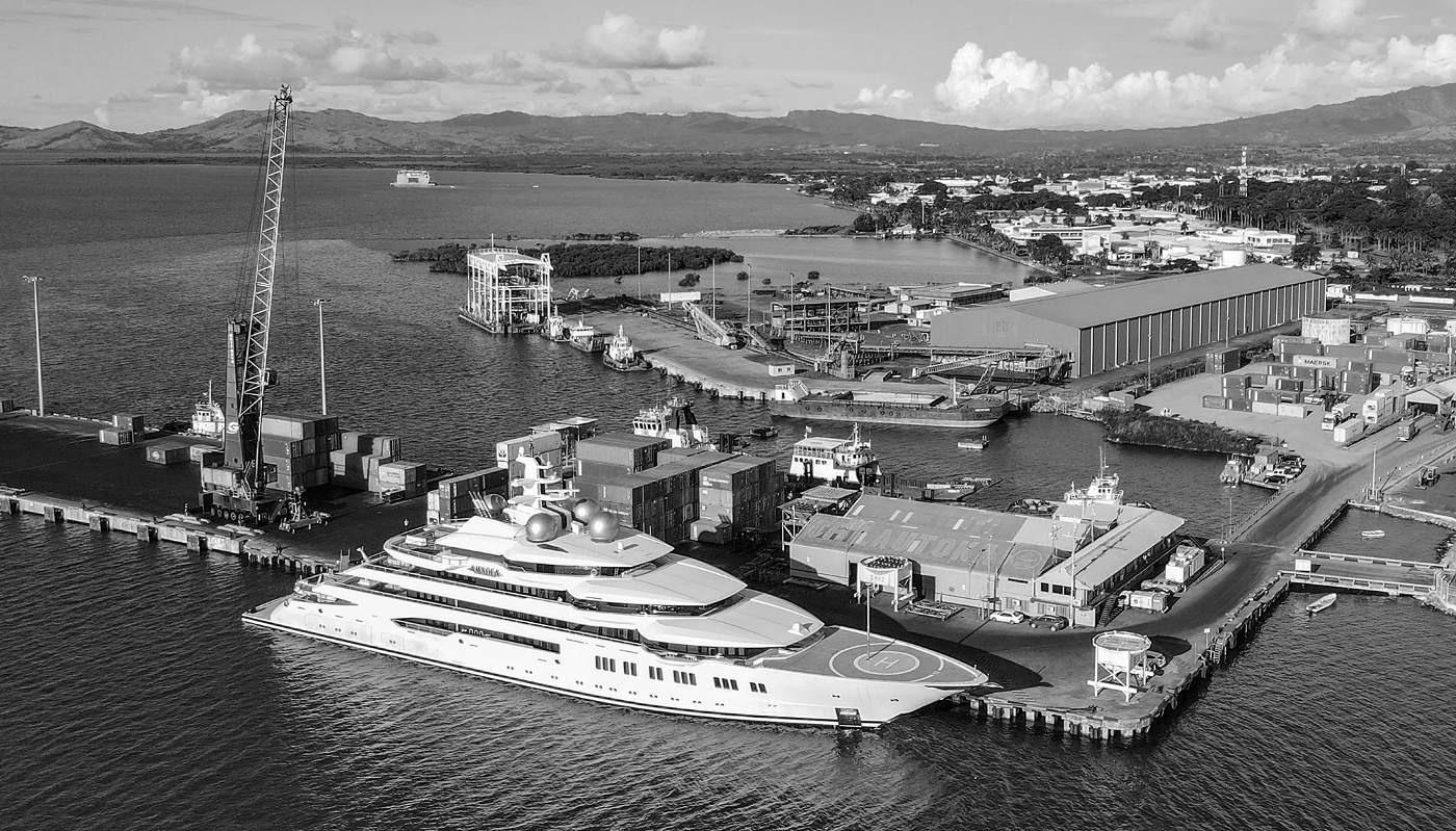 The superyacht Amadea berthed at the Queens Wharf in Lautoka, Fiji, on 13 April 2022.