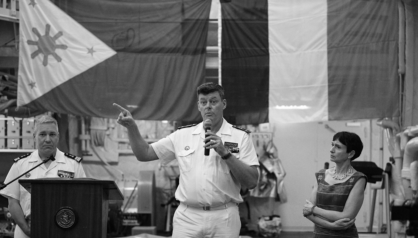 Rear-Admiral Geoffroy d'Andigné (centre), Commander of the French Armed Forces in Asia-Pacific, ALPACI, in Manila on 28 June 2023.
