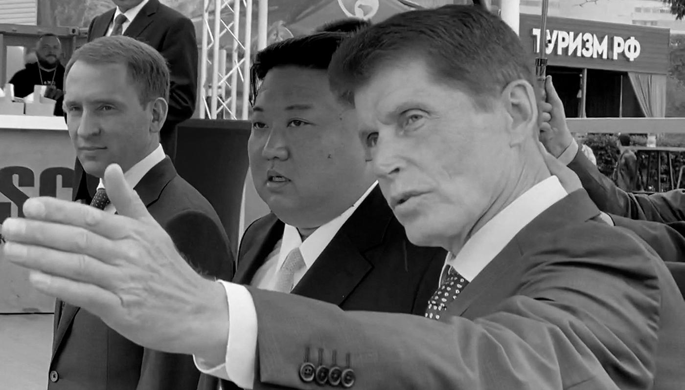 Russian Minister of Natural Resources and Ecology Alexander Kozlov and North Korean President Kim Jong-un during a visit to the Far Eastern Federal University in Vladivostok, Russia, on 17 September 2023.