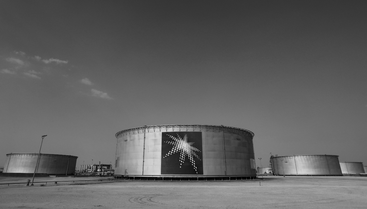 Oil tanks at Saudi Aramco oil facility in Abqaiq.