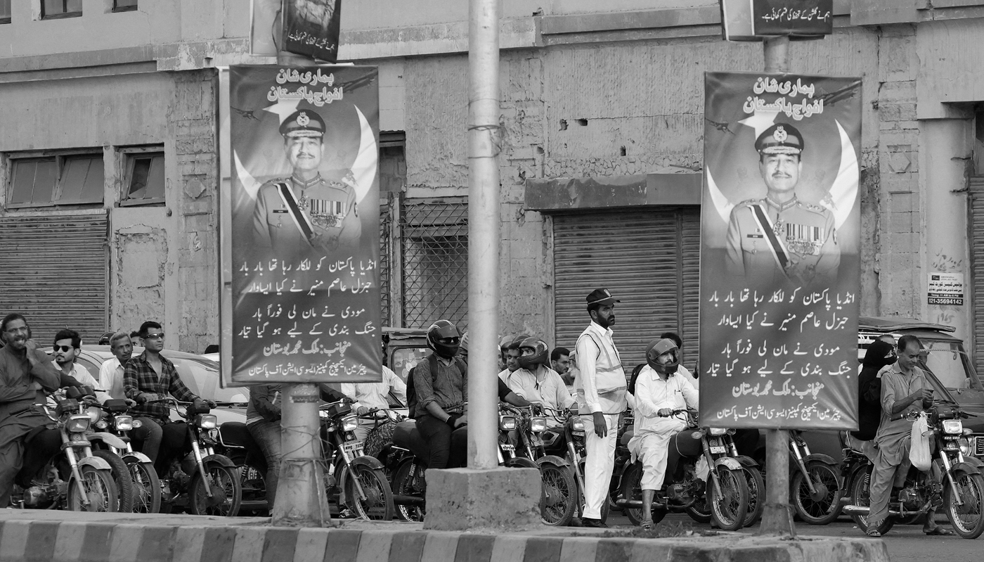 The Chief of Army Staff of Pakistan Asim Munir, shown on posters in the streets of Karachi, Pakistan, 20 May 2025.