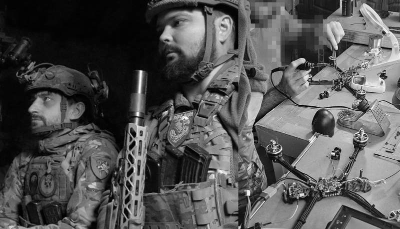 On the left, the BORA BORA unit of Ukraine’s 25th Airborne Brigade. On the right, a ‘drone lab’ preparing drones for combat.