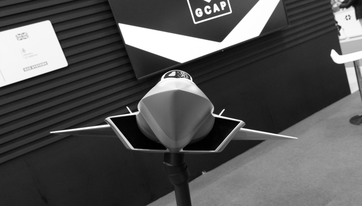 A model of the new-generation GCAP (Global Combat Air Programme) fighter aircraft developed jointly by Japan, Italy and the United Kingdom on display in Tokyo on 18 October 2024.