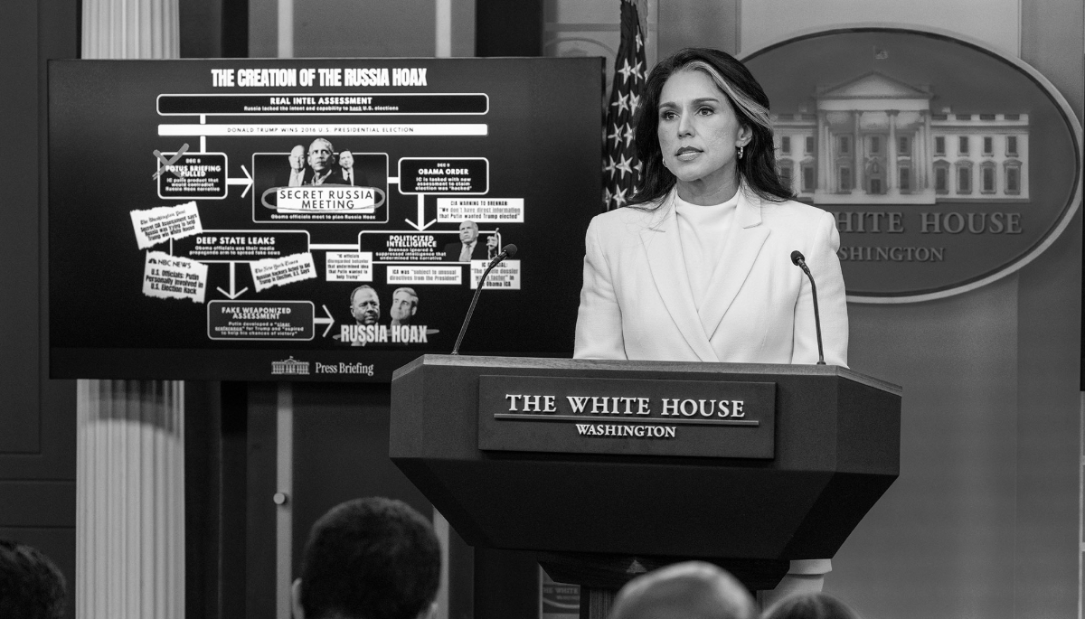 US Director of National Intelligence Tulsi Gabbard at a press conference in Washington on 23 July 2025. The meeting was organised following the publication of a declassified report related to the investigation into Russian interference in the 2016 presidential campaign.