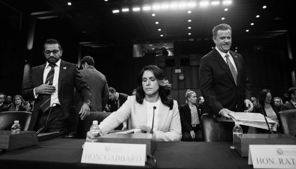 Tulsi Gabbard, Director of National Intelligence, centre, John Ratcliffe, Director of the CIA, right, and Kash Patel, Director of the FBI, left, on 25 March 2025 in Washington, DC.