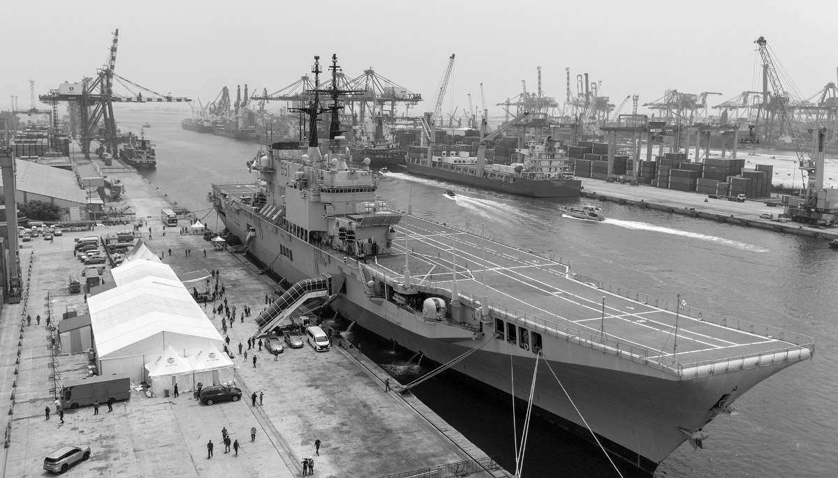 Former Italian Navy aircraft carrier Giuseppe Garibaldi at Tanjung Priok port in Jakarta, on 18 September 2026, ahead of its handover to the Indonesian Navy.