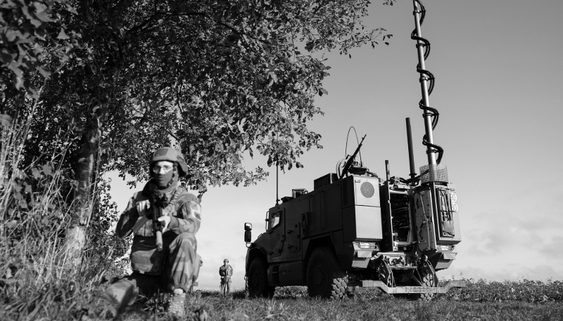 A soldier from the French 54th Signal Regiment specialising in electronic warfare, during a manoeuvre, 14 October 2025.