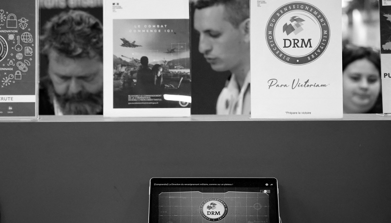 The French Military Intelligence Directorate (DRM) stand at the Vivatech trade fair in Paris, on 14 June 2023.
