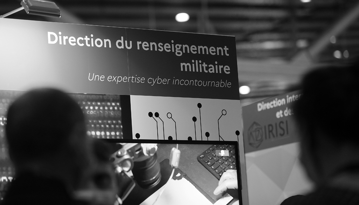 The stand of France's DRM military intelligence directorate at the International Cybersecurity Forum, in Lille, on 8 September 2021.