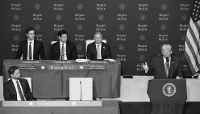 From left to right, US Vice President JD Vance, Jared Kushner, US Secretary of State Marco Rubio, White House Special Envoy Steve Witkoff and US President Donald Trump at the inaugural meeting of the 'Board of Peace' in Washington, in February 2026.