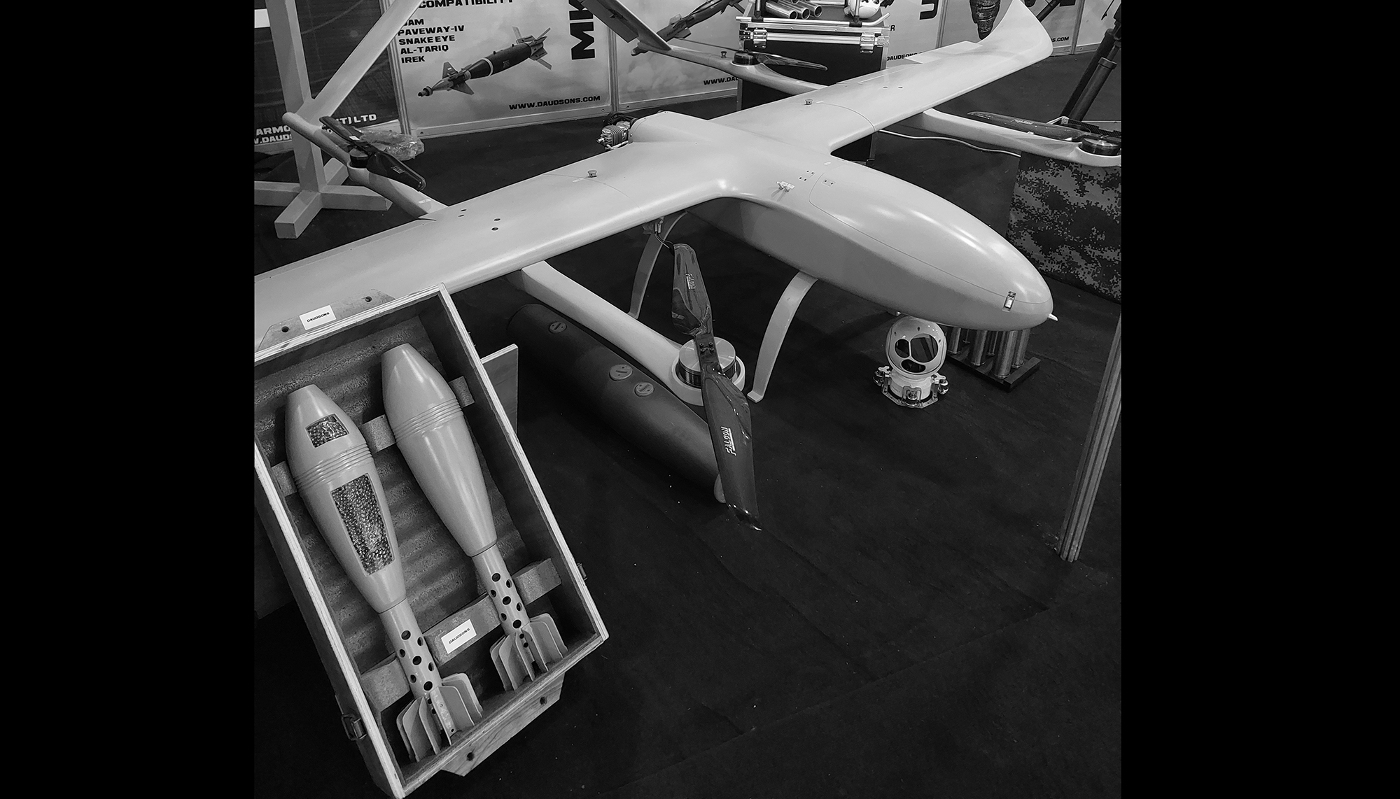 A Chinese-made drone on display at the stand of Peshawar-based arms manufacturer Daudsons Armoury at the IDEAS defence exhibition in Karachi in November 2024.