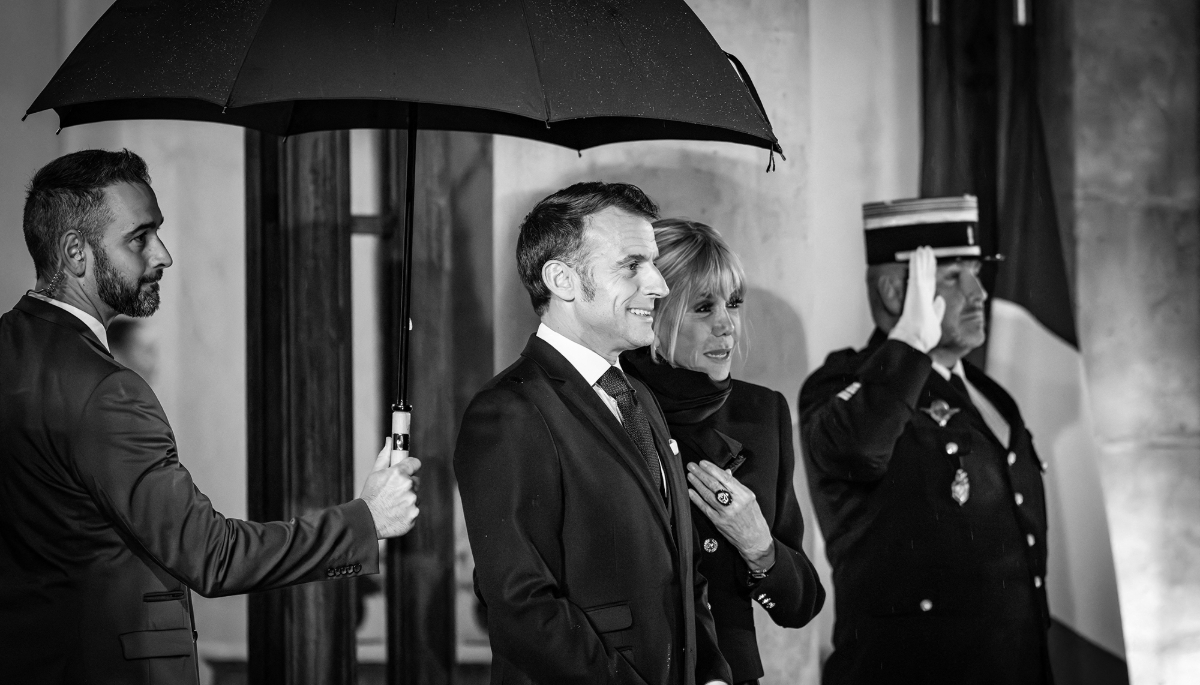 President of the French Republic Emmanuel Macron with his wife and First Lady Brigitte Macron in the courtyard of the Élysee Palace in Paris, 29 October 2025.