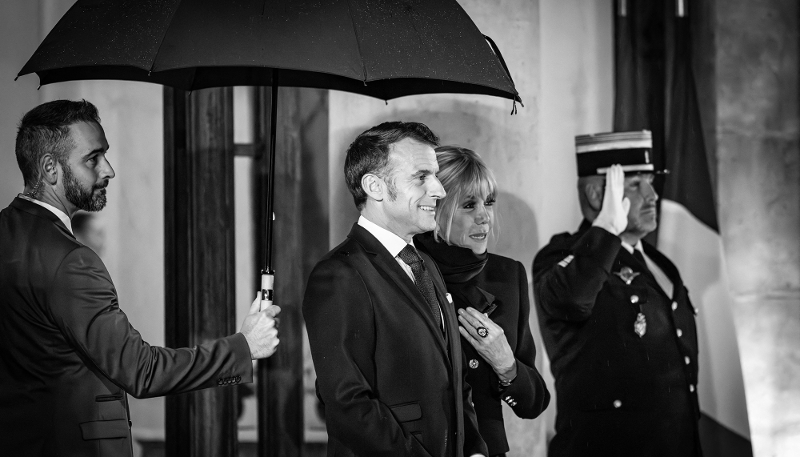 President of the French Republic Emmanuel Macron with his wife and First Lady Brigitte Macron in the courtyard of the Élysee Palace in Paris, 29 October 2025.