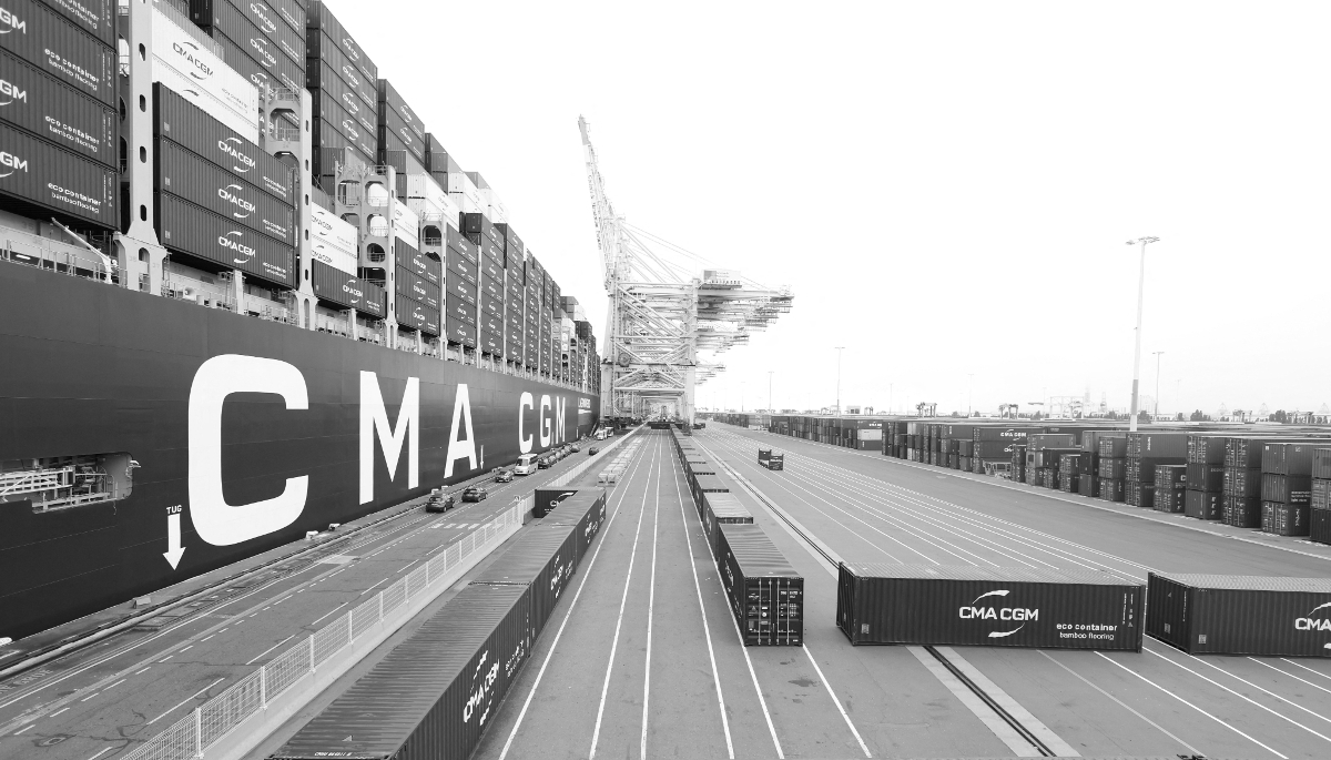A CMA CGM container ship at the port in Le Havre.