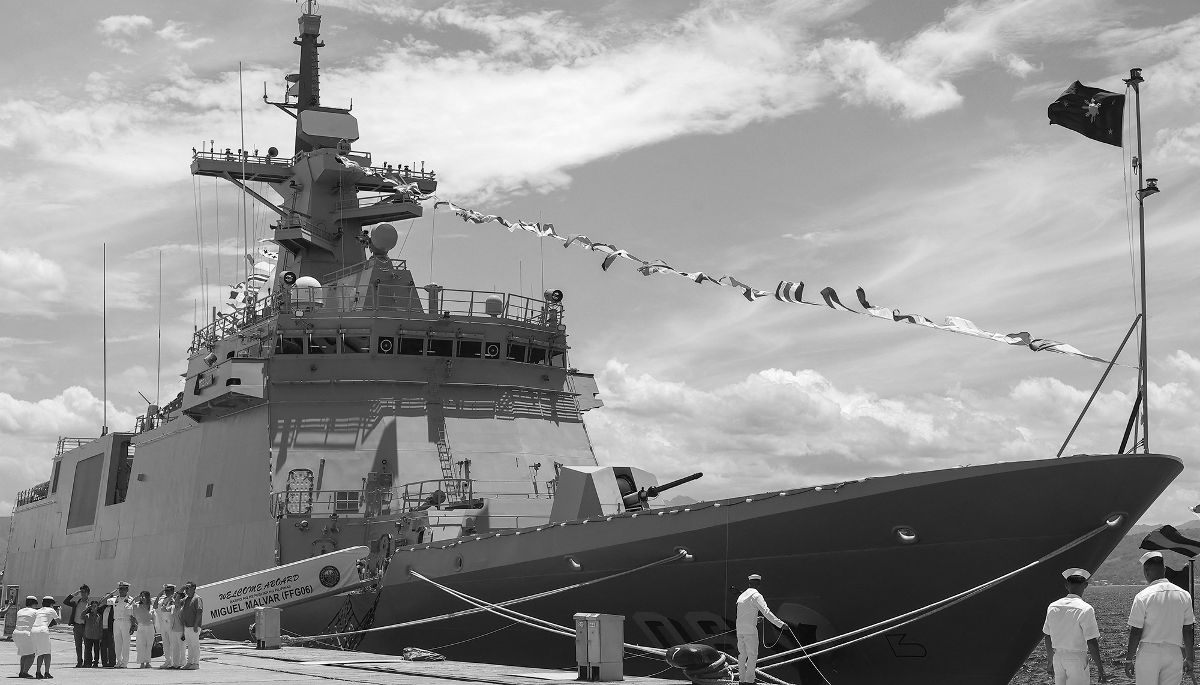 The newly commissioned Philippine Navy warship BRP Miguel Malvar manufactured by South Korea, during a ceremony for the 127th anniversary of the Philippine Navy, in Zambales, Philippines, on 20 May 2025.