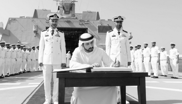 Hamdan bin Mohammed bin Rashid Al Maktoum, Deputy Prime Minister and Minister of Defence of the UAE, during the official induction of the Al Emarat Corvette into the naval fleet, on 7 february 2025, Dubai.