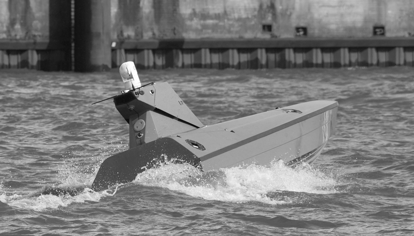 British firm Kraken's K3 Scout naval drone deployed in the port of Hamburg, Germany, during a civil defence meeting, on 30 March 2026.