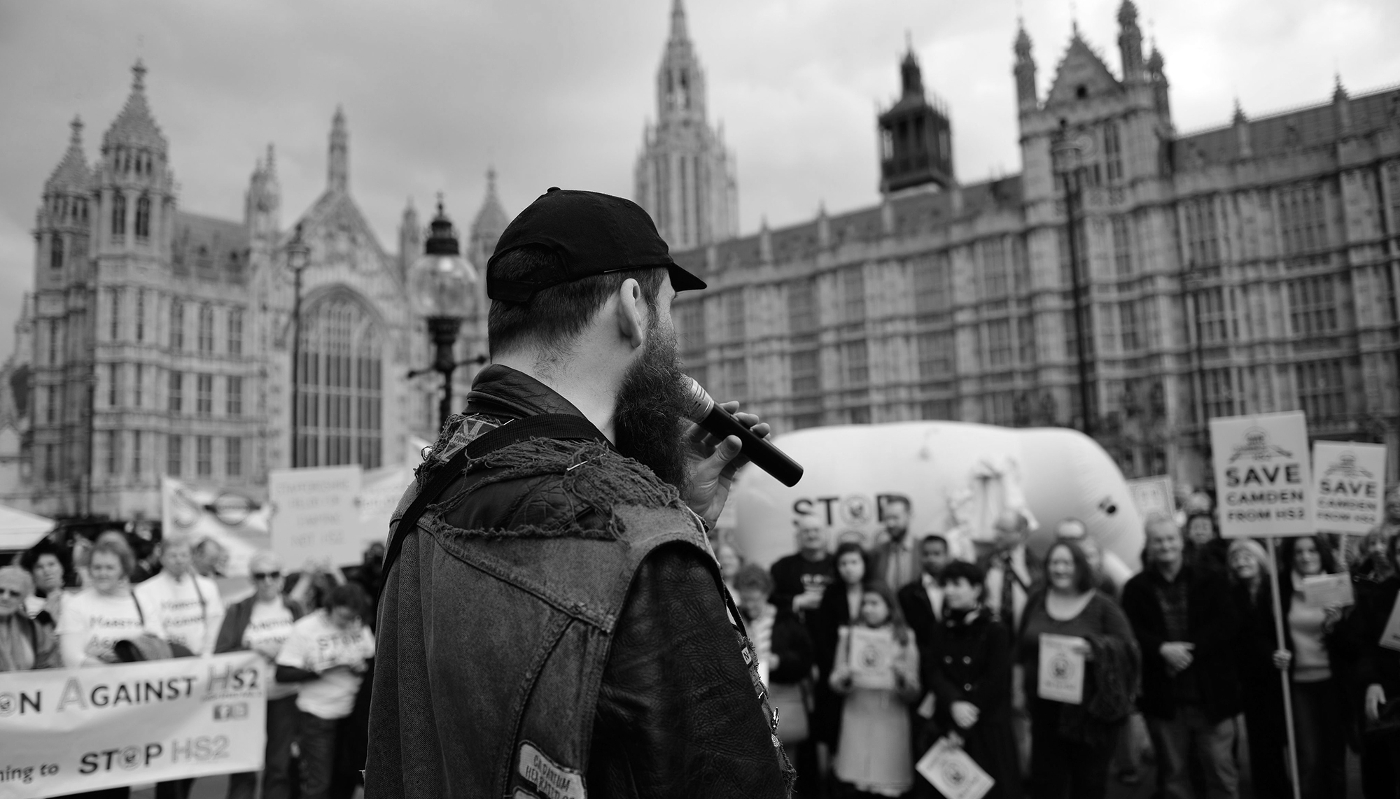 HS2 campaigners protest outside parliament in London, 28 April 2014.