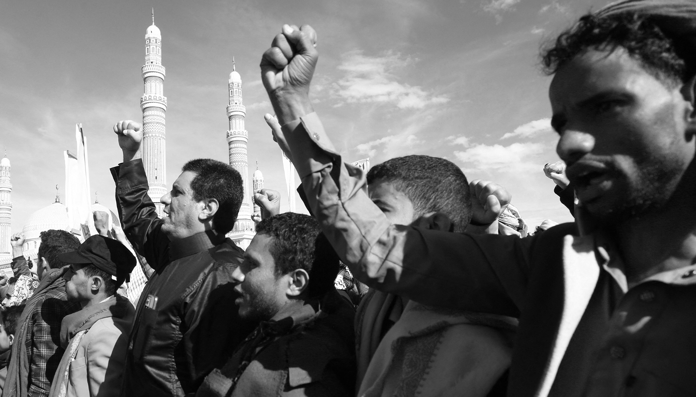 Houthis protesting against US and Israeli strikes on Iran, in Sana’a, Yemen,  on 27 March 2026.