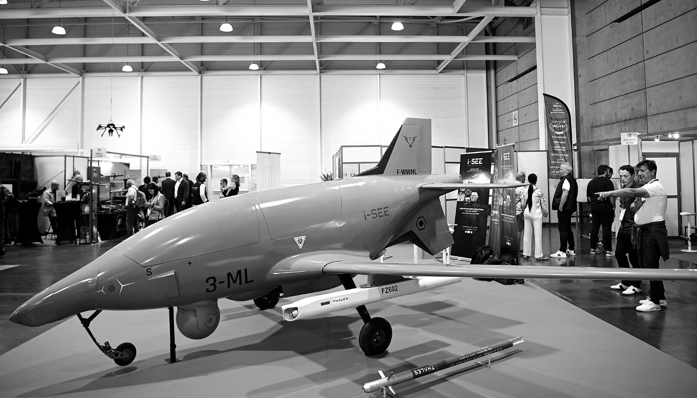The “Spearhead” drone model, designed by French manufacturer I-SEE, displayed at the European Drone Show on 1 October, 2025, in Bordeaux.