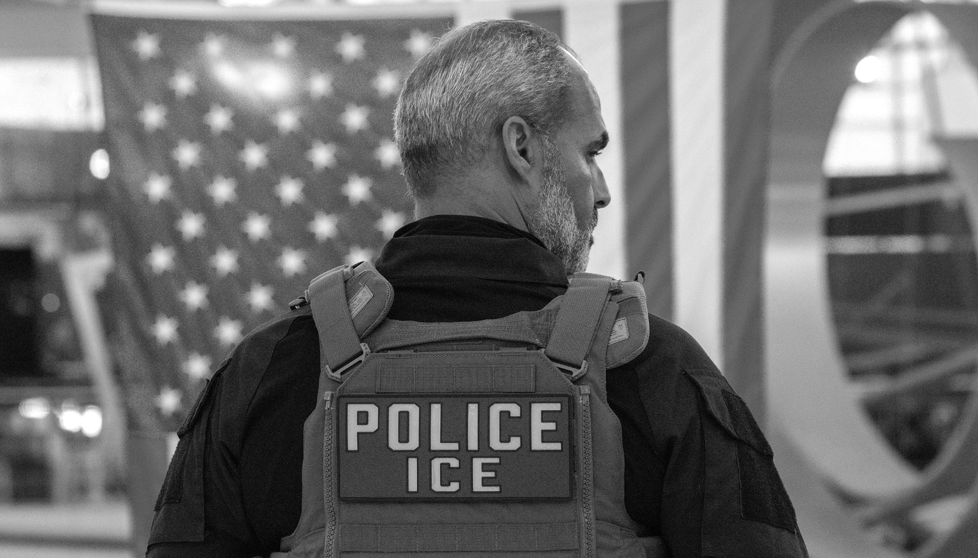 An ICE (Immigration and Customs Enforcement) officer on patrol at John F. Kennedy International Airport, New York, on 23 March 2026.