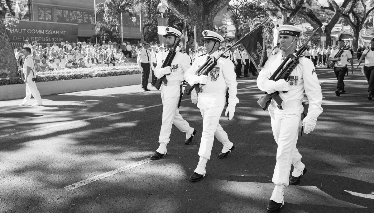The French armed forces parading for 14 July celebrations at Papeete, French Polynesia, 2023.