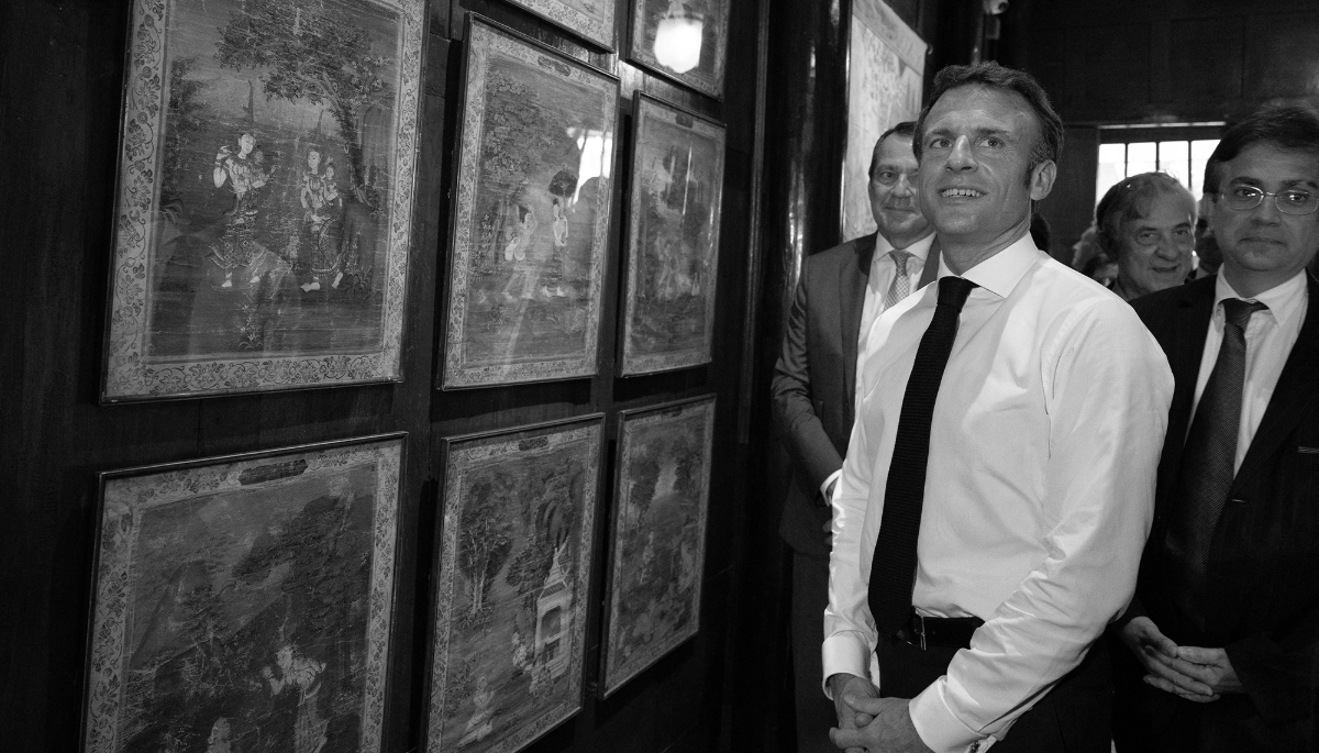 French President Emmanuel Macron visits the Jim Thompson House Museum in Bangkok, on 17 November 2022.