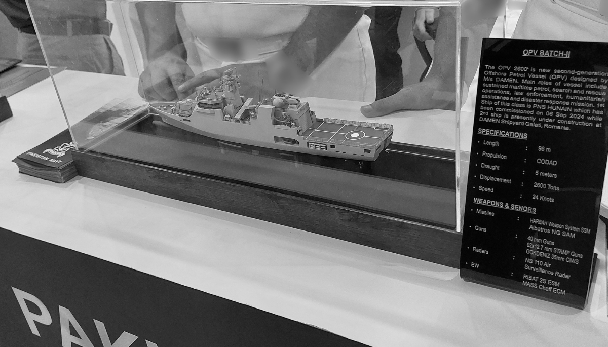 A model of the OPV-Batch II ship on display on the Pakistan Navy stand at IDEAS 2024 in Karachi.