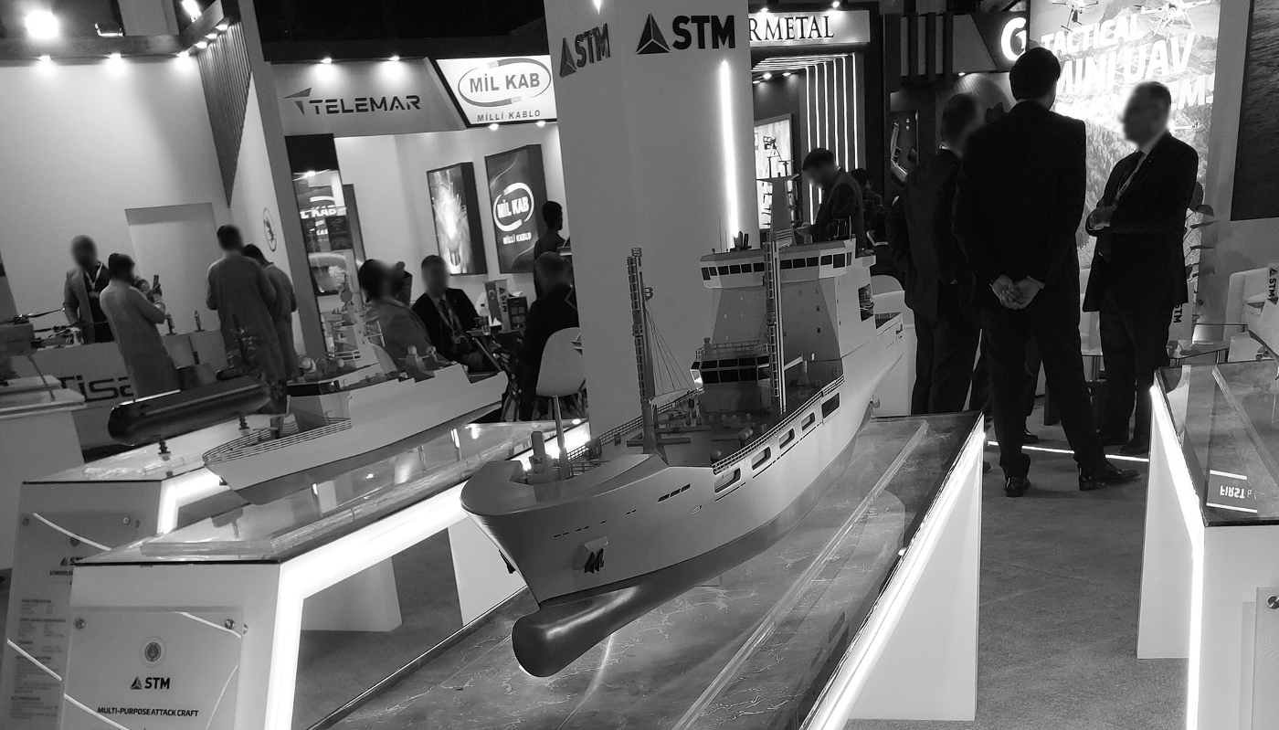 A model of Turkish shipyard STM Savunma's logistics support ship presented at the IDEAS 2024 exhibition held in Karachi from 19-22 November 2024.