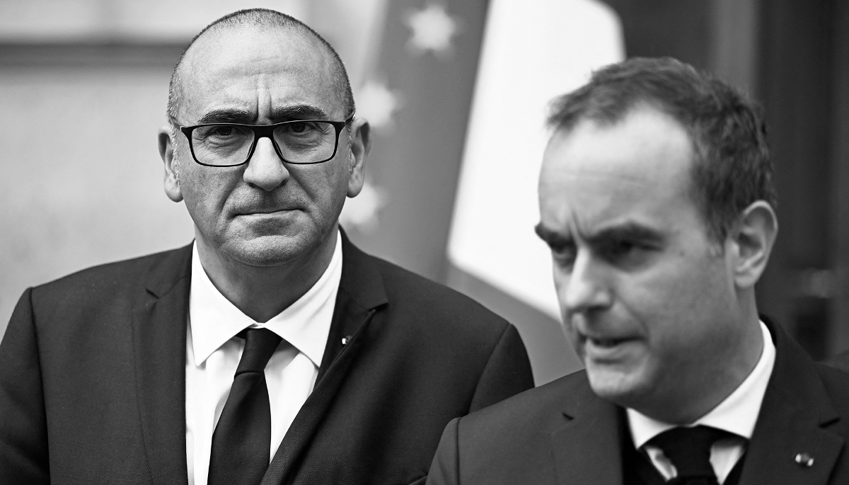 French Interior Minister Laurent Nuñez and Prime Minister Sébastien Lecornu outside the Interior Ministry, in Paris, on 19 October 2026.