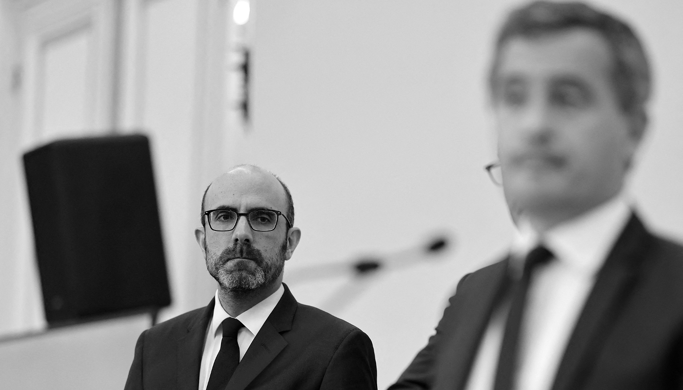 Nicolas Lerner (left), then director of the DGSI (now DGSE head) and French Interior Minister Gérald Darmanin, March 2023.