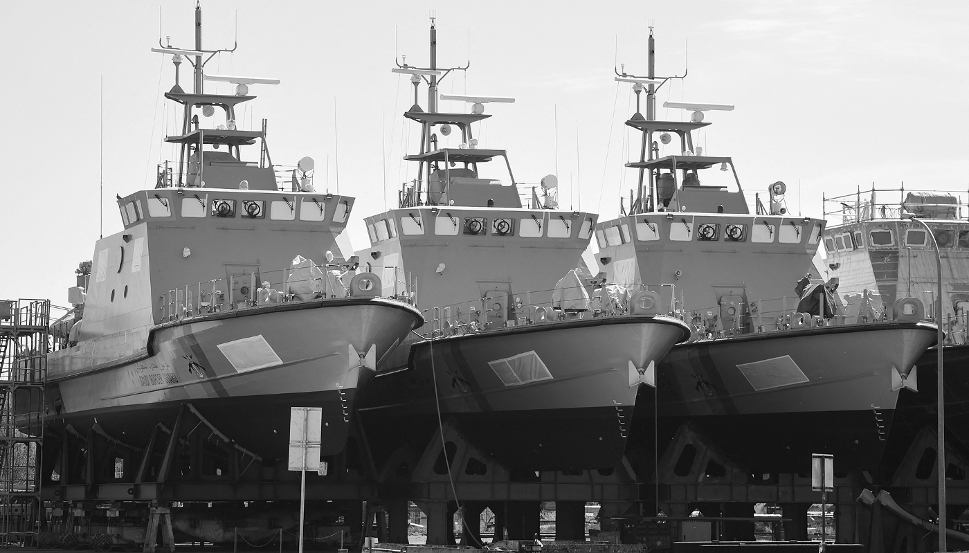 Patrol boats for Saudi Arabia lie on the shipyard grounds belonging to the Lürssen shipyard group, 25 April 2019.