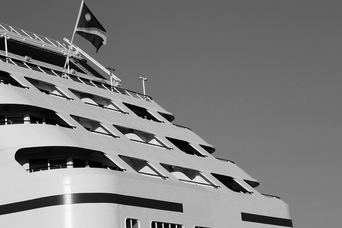 A ship flying a Marshall Island flag.