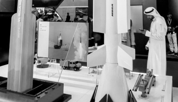 Modular missiles are displayed at the European MBDA pavilion during the 2023 Dubai Airshow in Dubai, on 14 November 2023.