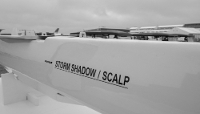 A Storm Shadow/SCALP cruise missile on display at the MBDA stand at the 2024 Farnborough International Airshow in the United Kingdom.