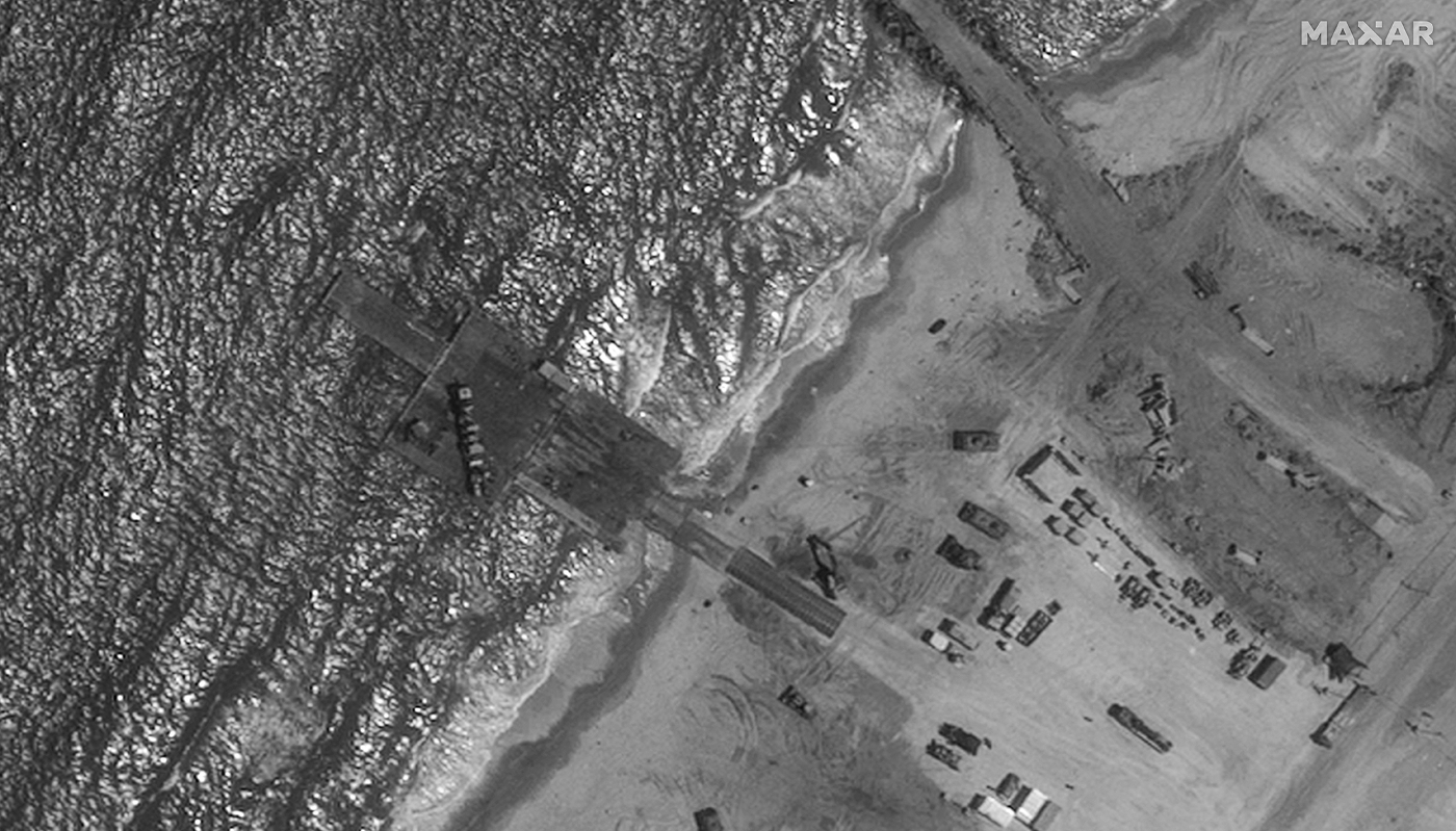 A satellite image provided by Maxar Technologies showing the Trident jetty on the Gaza coast, 29 May 2024.