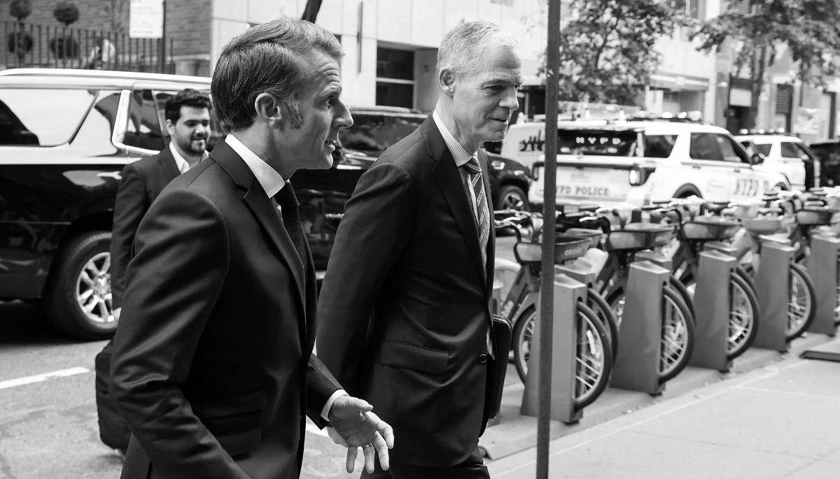 French President Emmanuel Macron and France’s Ambassador to the United Nations, Jérôme Bonnafont (right), arrive at the Permanent Mission of France to the United Nations in New York, on 22 September 2025. 